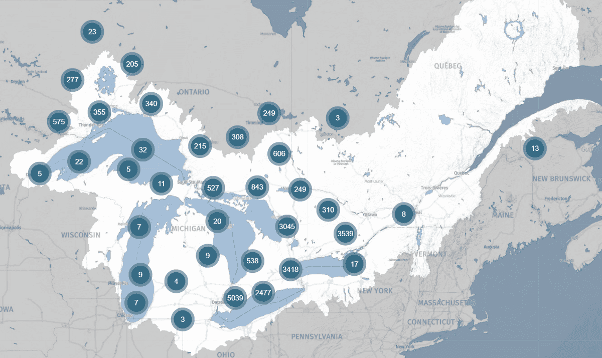 Carte des points de données disponibles pour Great Lakes DataStream