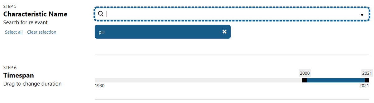 Screenshot of the tool’s Characteristic Name and Timespan search filters